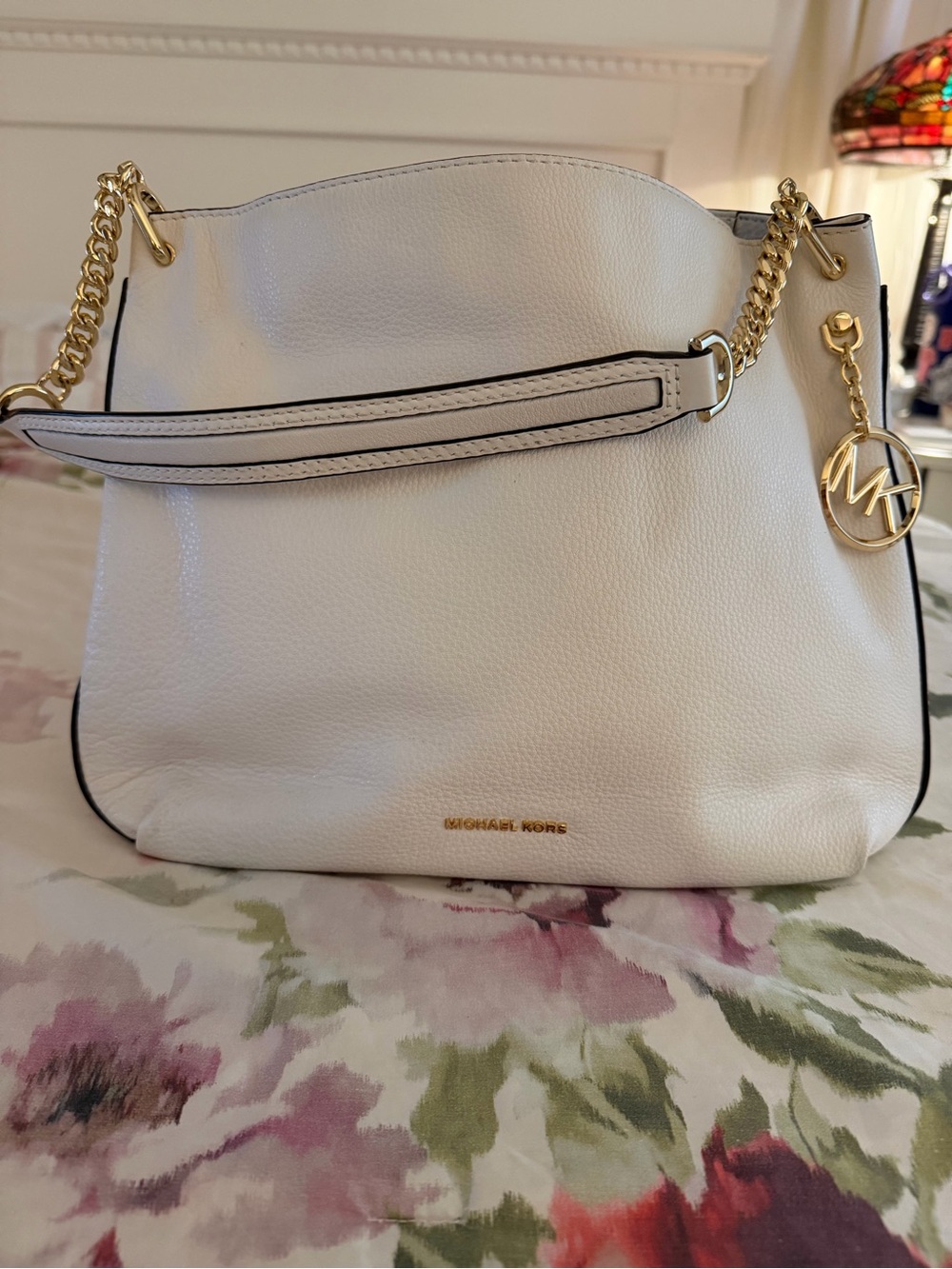 Michael Kors White Pebbled Leather Shoulder Tote with Gold Chain Accents